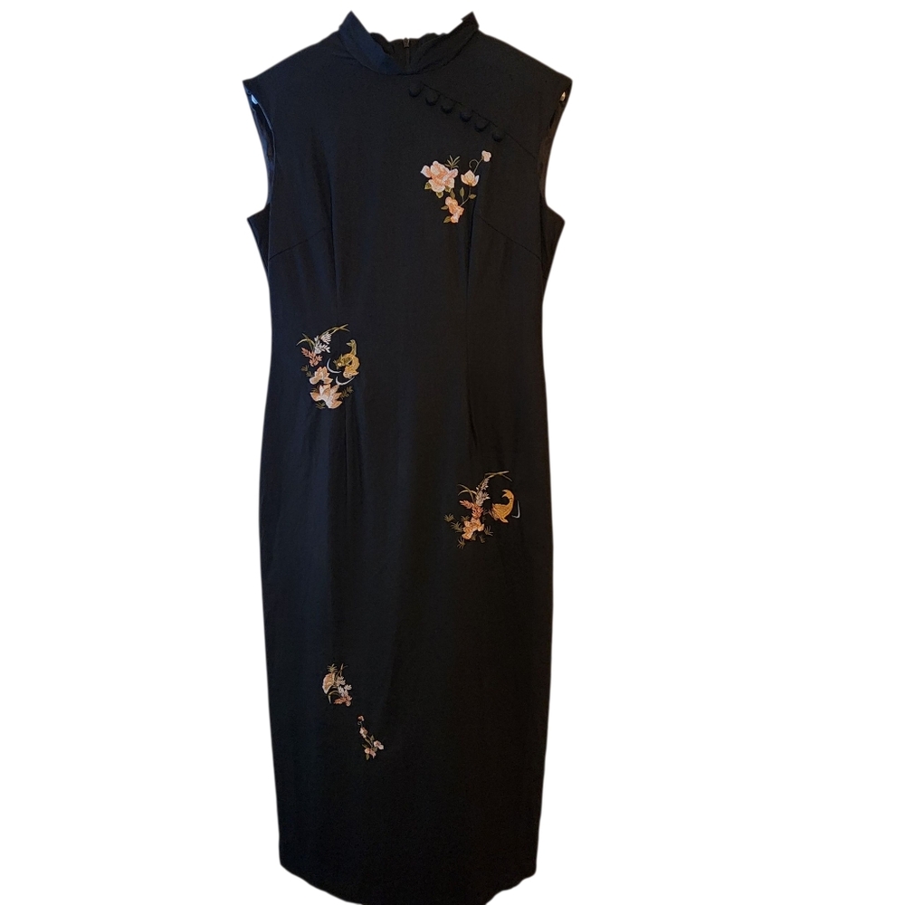 Scarlet Women's Cheongsem Style Black Dress With Embroidery Details Maxi Sz 12